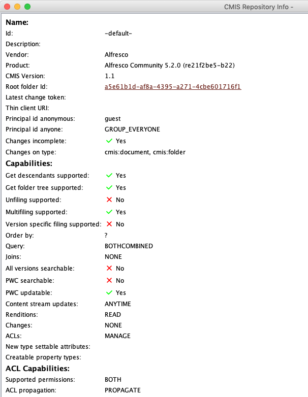 Alfresco 5.2 CMIS Repository Info via Chemistry Workbench